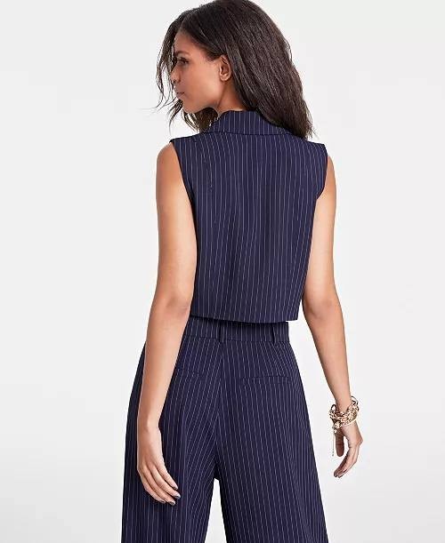 Bar III Women's Pinstriped Vest PM Petite Navy Career Stretch NWT