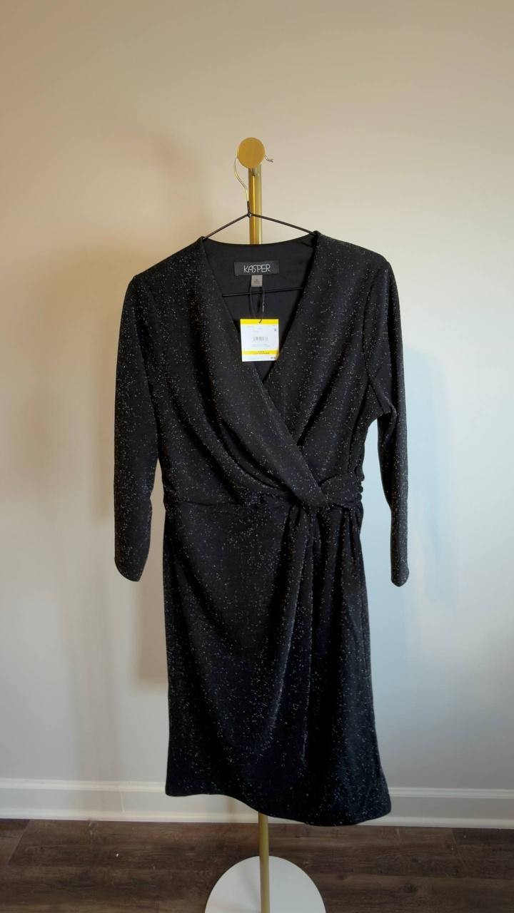 Kasper Twist‑Front 3/4‑Sleeve Glitter Sheath Dress Black M NWT $99