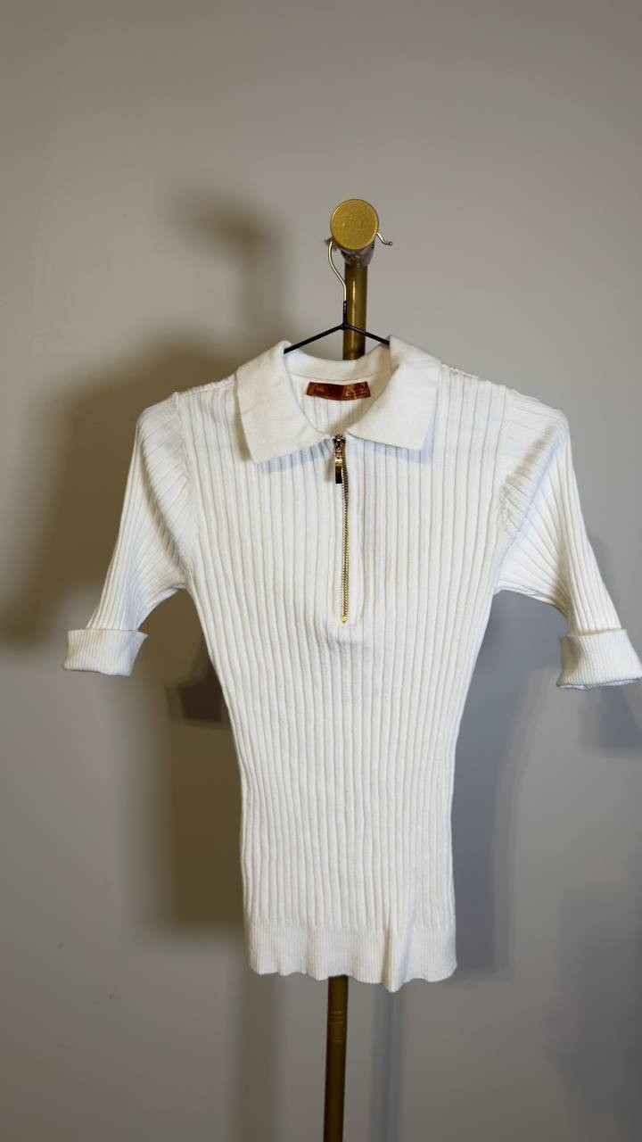 Belldini Collared Quarter-Zip Ribbed-Knit Sweater White S NWT $69