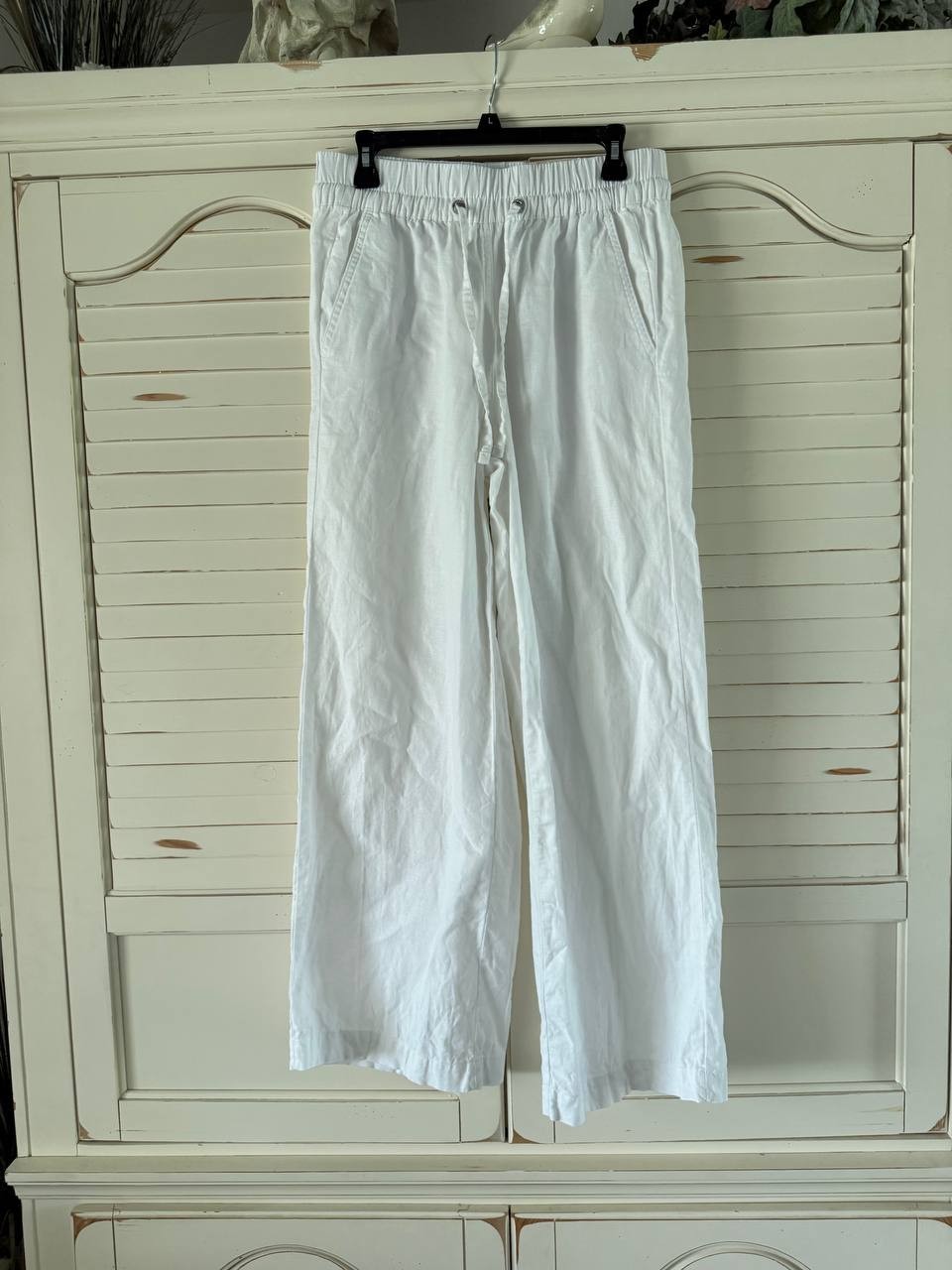 DKNY White Linen-Blend Elastic Waist Pants – Size S – Stretch Hip NWT