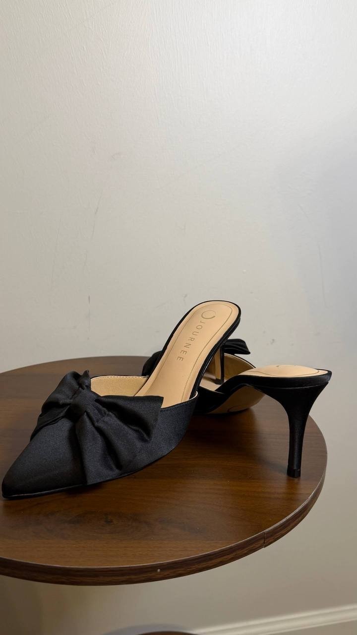 Journee Black Satin Tiarra Bow Heels 8.5M New in Box $93