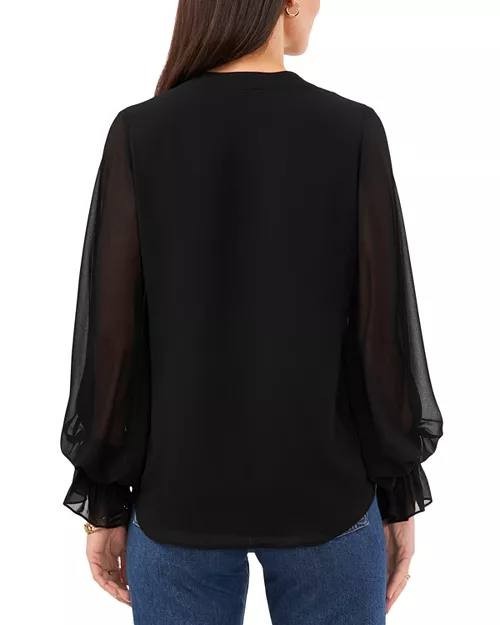 Vince Camuto V-Neck Sheer Sleeve Top Size S Black $79