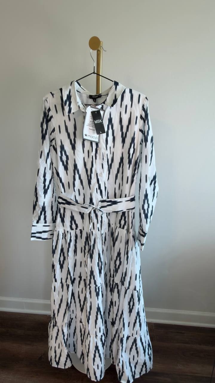 MSK Self‑Belt Long‑Sleeves Maxi Dress White/Black M NWT $109