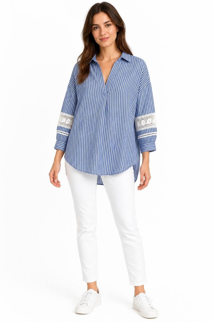 Unique Spectrum by Mlle Gabrielle Blue Striped Lace Sleeve Top M NWT