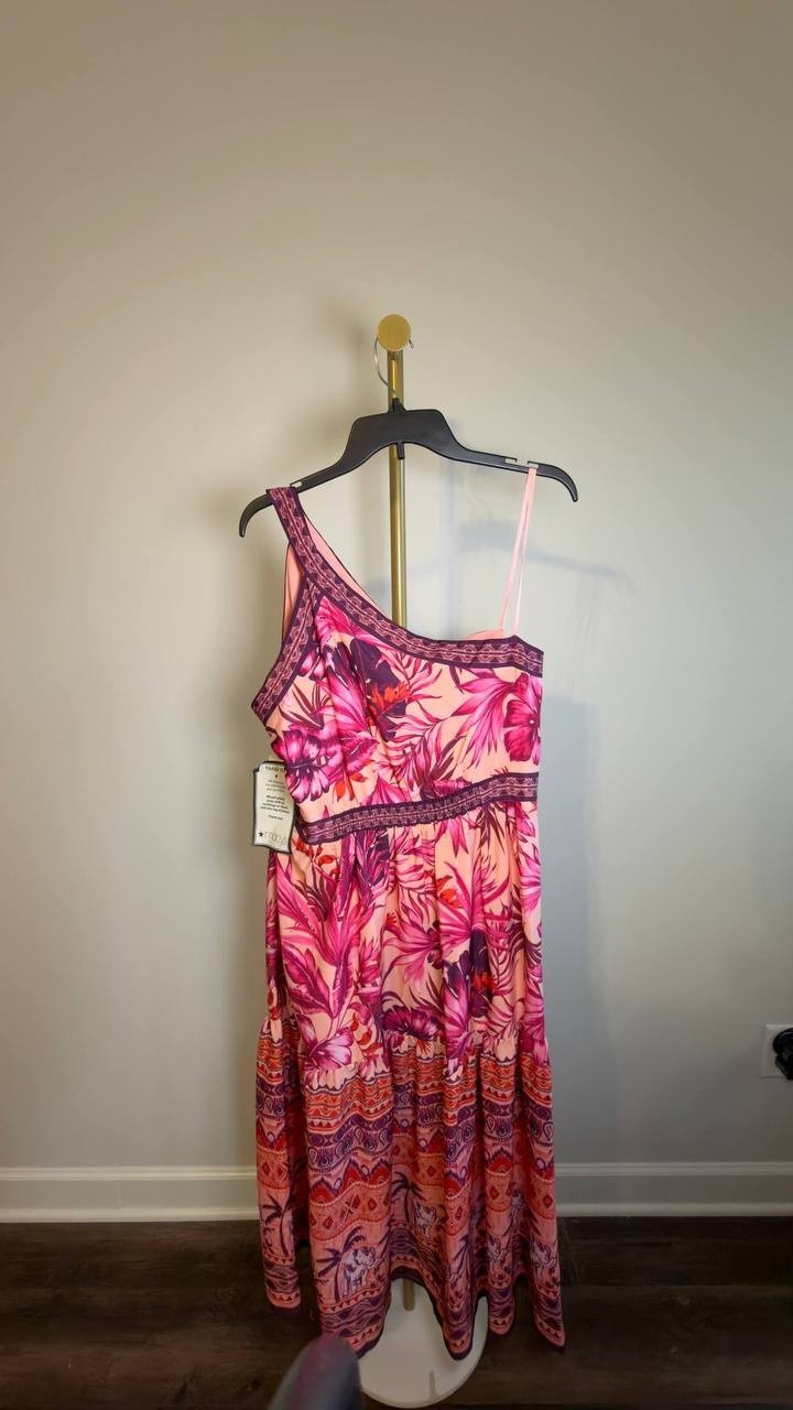 Eliza J Mixed‑Print One‑Shoulder Tiered Midi Dress Floral Multi 16 NWT $158