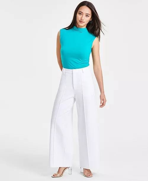 Bar III Petite Ponte Wide-Leg Pants White NWT High-Rise Office Workwear