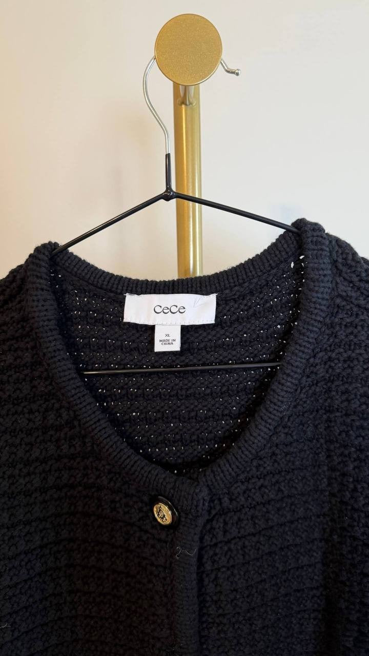 CeCe Texture Cardigan Black Crewneck Patch Pockets SizeXL NWT$119 button missing