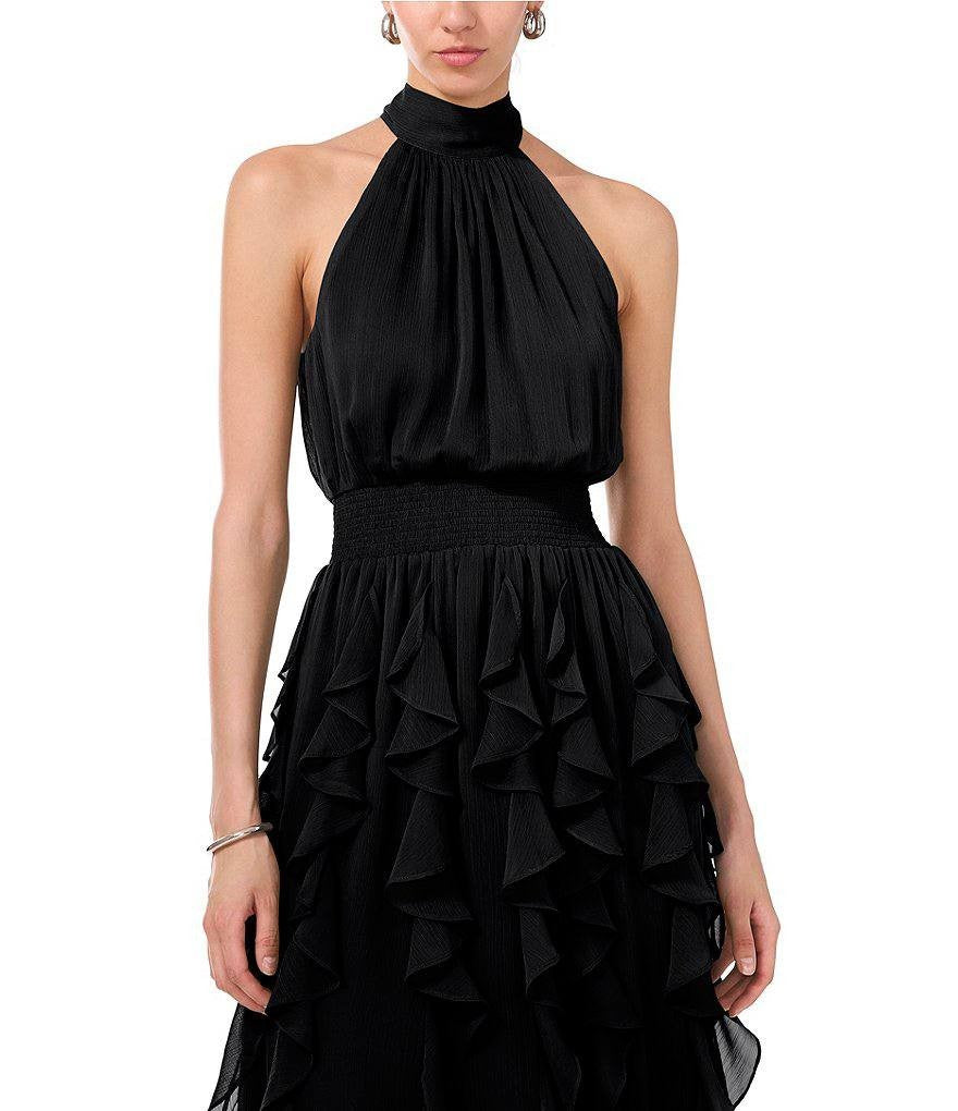 1.STATE Dress L Rich Black Halter Cascading Flounce Maxi Sleeveless Formal NWT