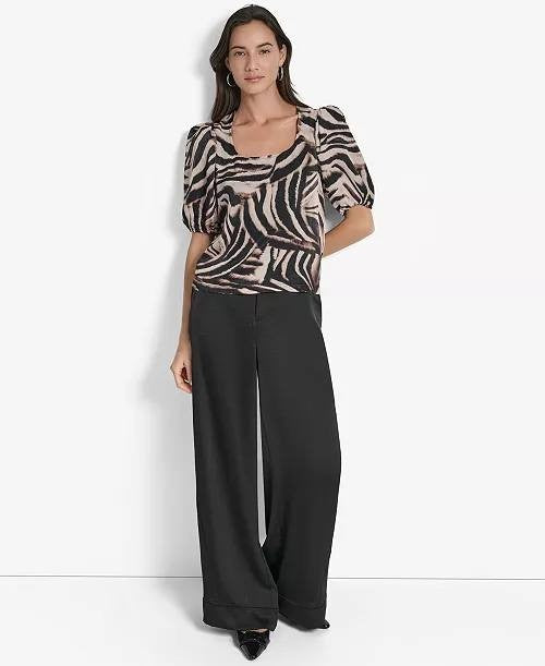 DKNY Printed Satin Puff‑Sleeve Zipper Top Blurred Zebra XS NWT $89
