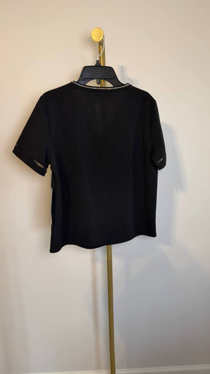 Karl Lagerfeld Paris Sparkle‑Bow V‑Neck Knit Top Black XS NWT $89