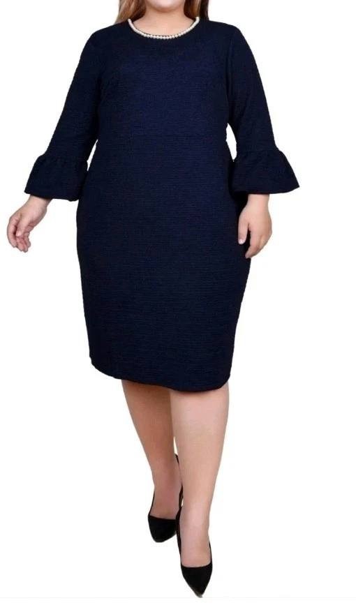 NY Collection Women’s Pearl Detail 3/4 Sleeve Dress Navy 3X Petite $65 NWT