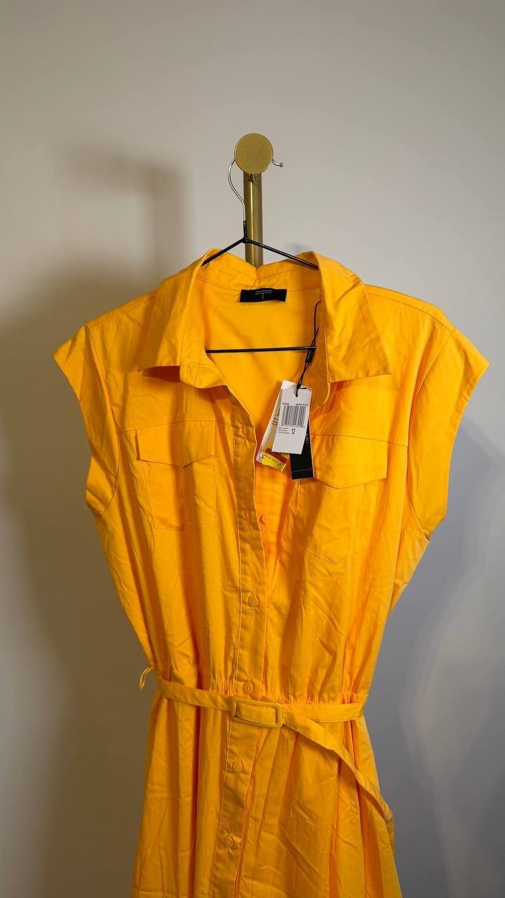 T Tahari Fit & Flare Belted Button Front Dress Mango Yellow 12 $158 NWT