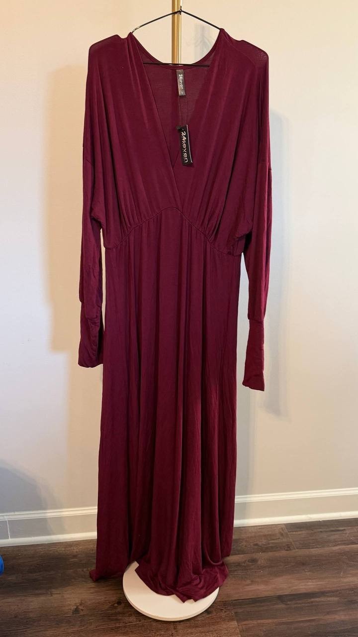 24Seven Comfort Apparel Women’s Bishop Sleeve Maxi Dress Wine 2X $101.99 NWT