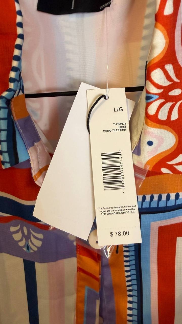 Tahari Women’s Printed Short-Sleeve Button Blouse Como Tile Print L $78 NWT
