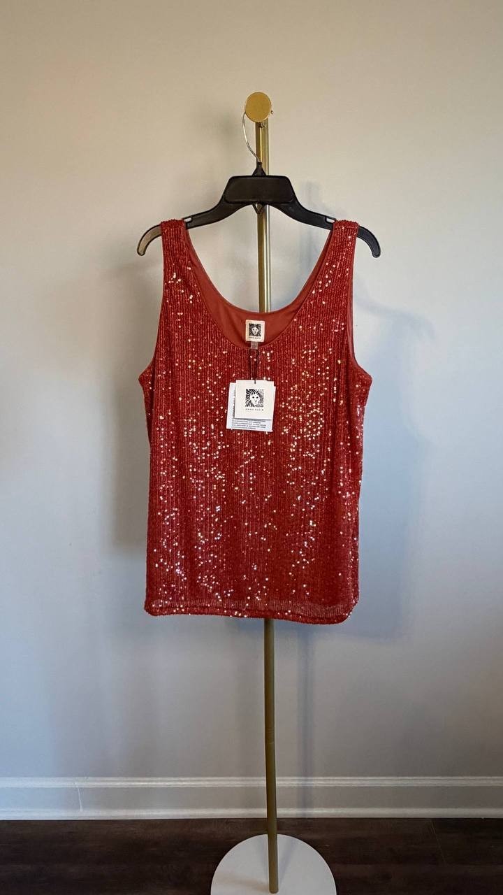 Anne Klein Sequin Double‑Scoop Sleeveless Tank Red L NWT $69
