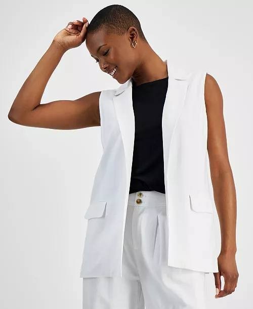 Bar III Petite Long Vest White NWT Open Front Notched Lapels Flap Pockets