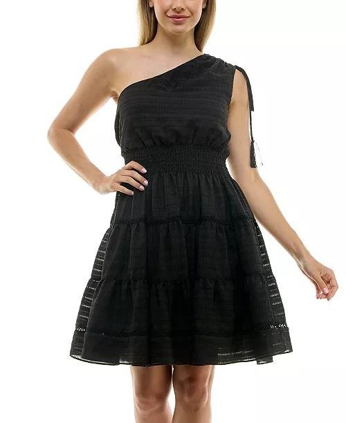 Taylor One‑Shoulder Seersucker Fit & Flare Dress –Black –Size M – NWT