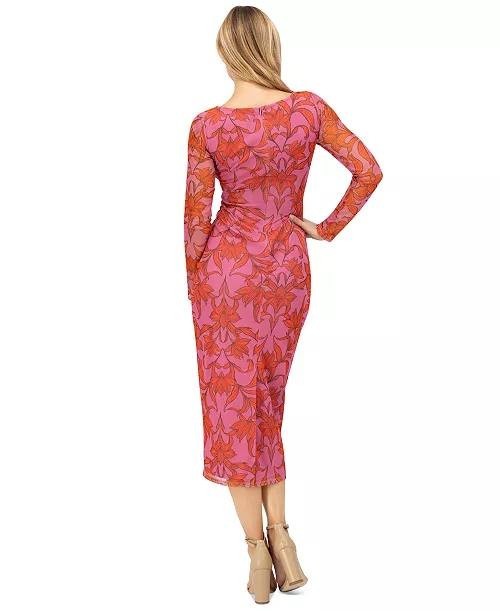 Vince Camuto Bodycon Mesh‑Sleeve Ruched Dress Red Floral 4 NWT $158