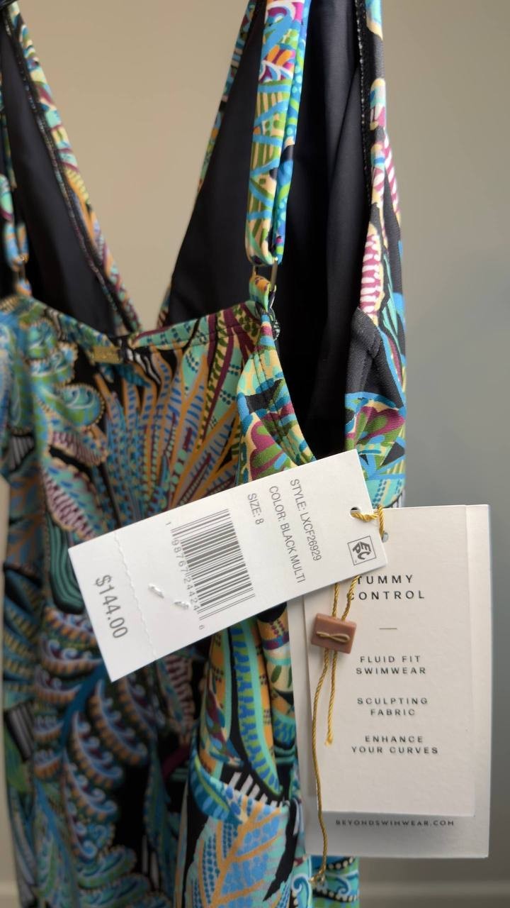 Beyond Control V‑Neck One‑Piece Swim Dress Black Multi 8 NWT $144