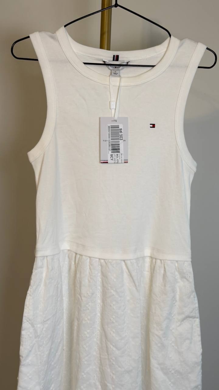 Tommy Hilfiger Mixed Media Broderie Sleeveless Dress White M NWT $99.50