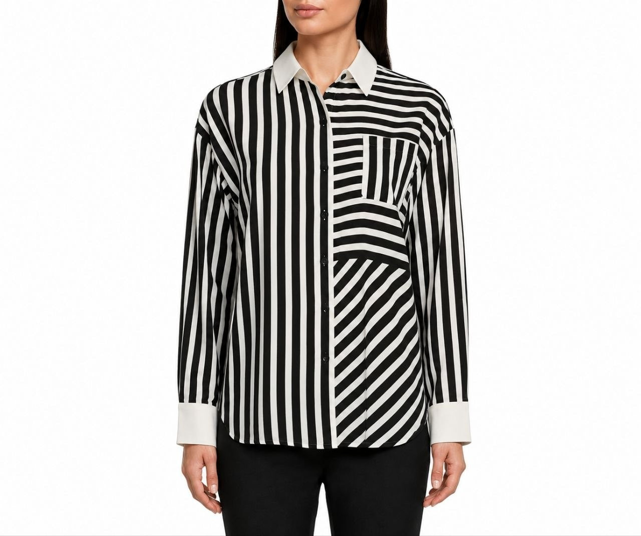 Karl Lagerfeld Paris Plus Striped Button‑Front Shirt Black/White 2X NWT $109