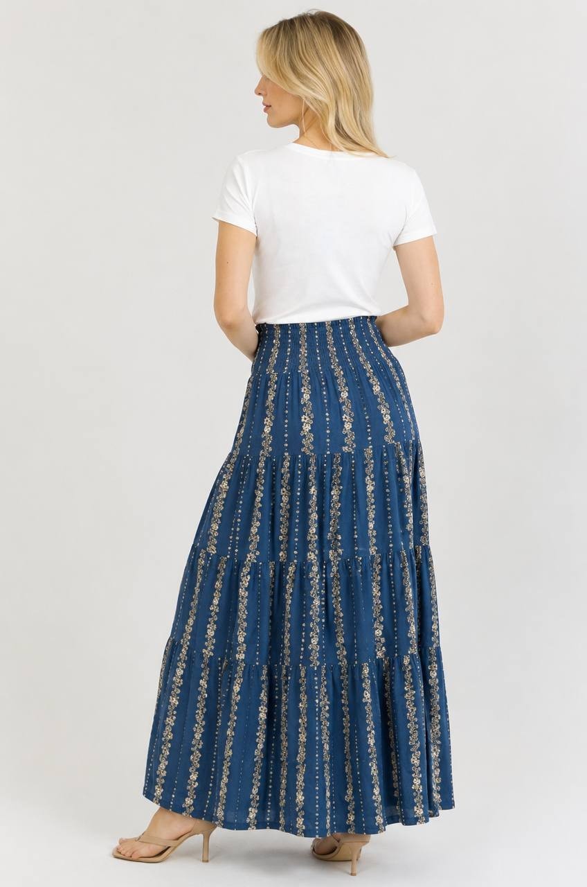 Nostalgia Smocked Waist Tiered Maxi Skirt Blue M NWT $56