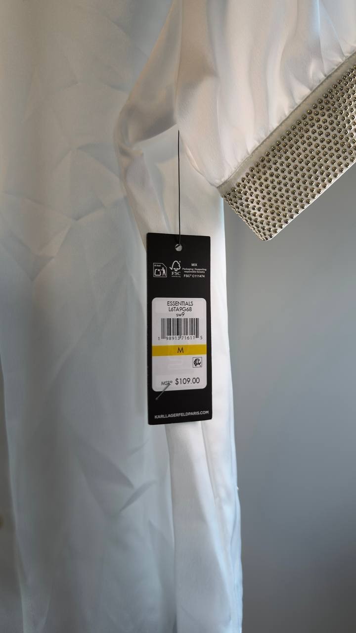 Karl Lagerfeld Paris Beaded Satin Stud Blouse Soft White M NWT $109