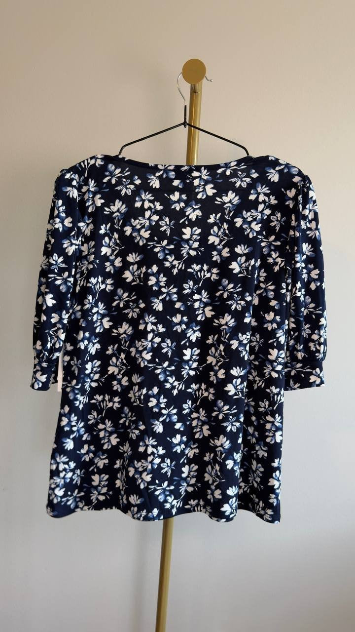 CeCe Scoop‑Neck Printed Elbow‑Sleeve Top L Classic Navy NWT $49
