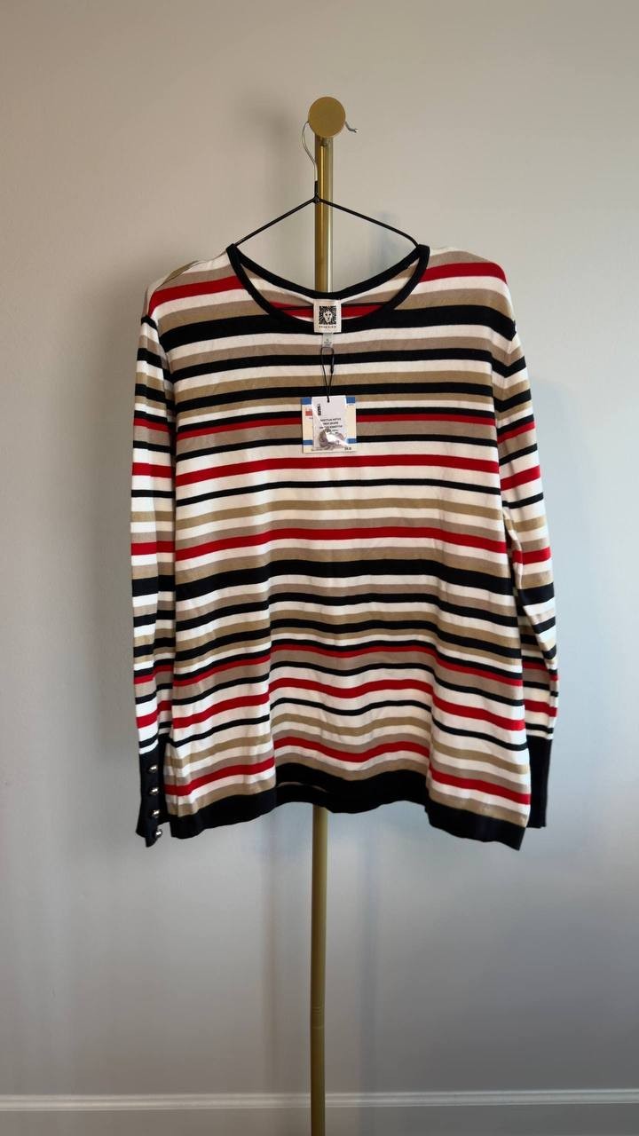 Anne Klein Striped Button‑Cuff Crewneck Sweater Multi XL NWT $99
