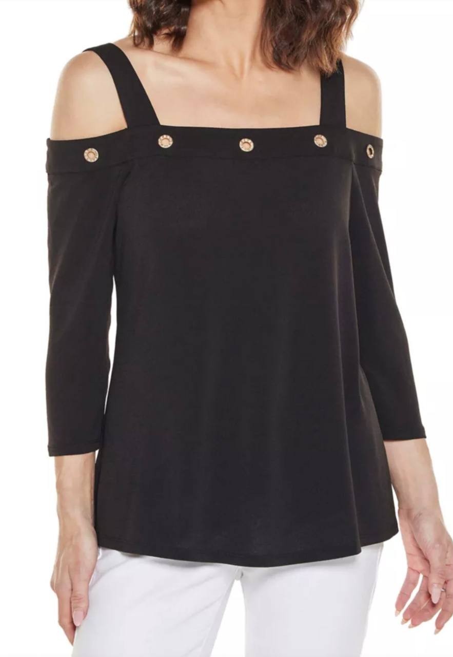 Belldini Grommet-Trim Cold Shoulder Top Black L NWT $59