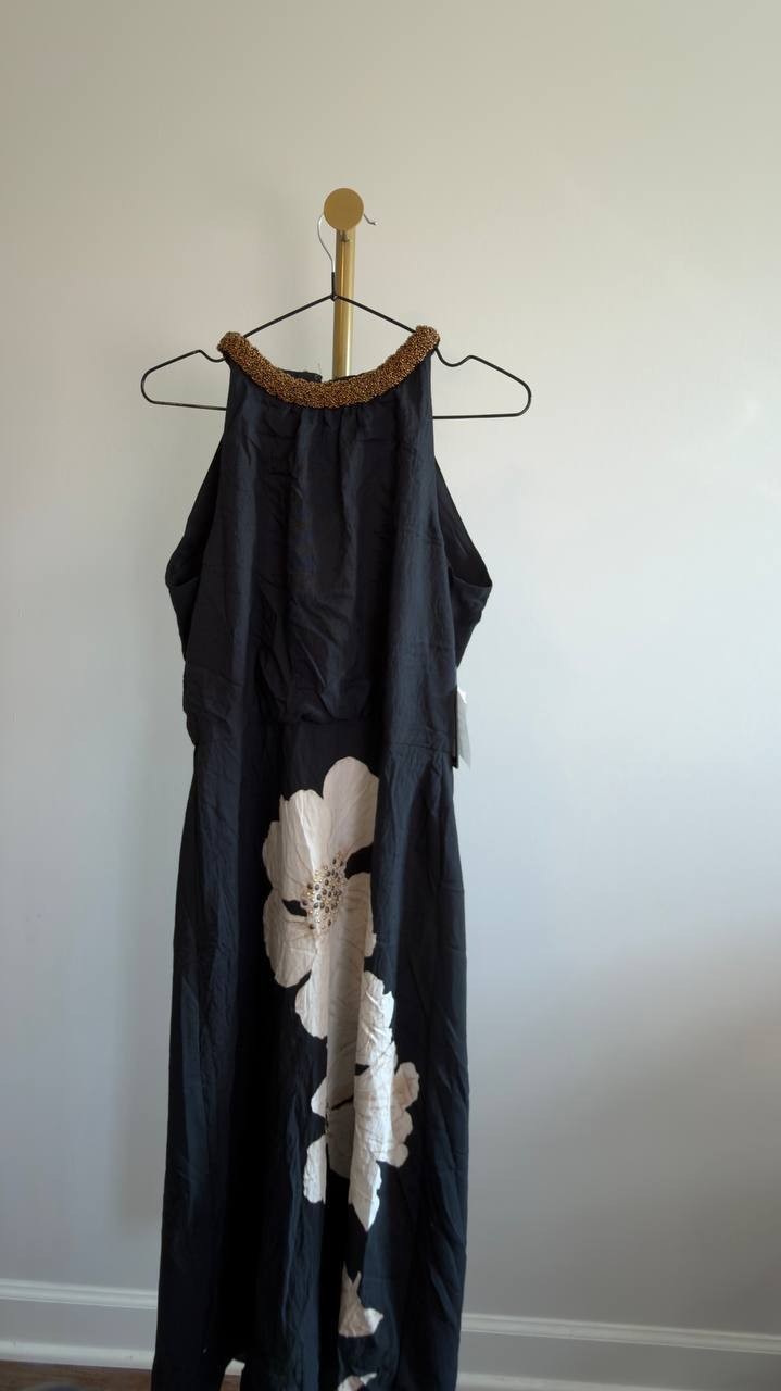 Karl Lagerfeld Floral Bead Collar Sleeveless Midi Dress Black Multi 8 NWT $189