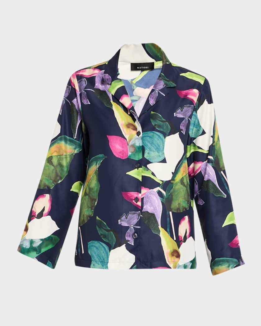 Natori Daido Cropped Floral Pajama Top Navy Multicolor XL NWT Notched Lapel