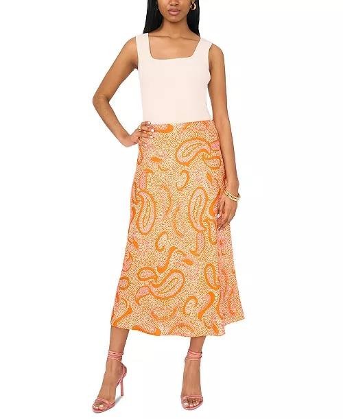 1.STATE Paisley Midi Skirt Size 14 Orange Pull-On A-Line Lined NWT