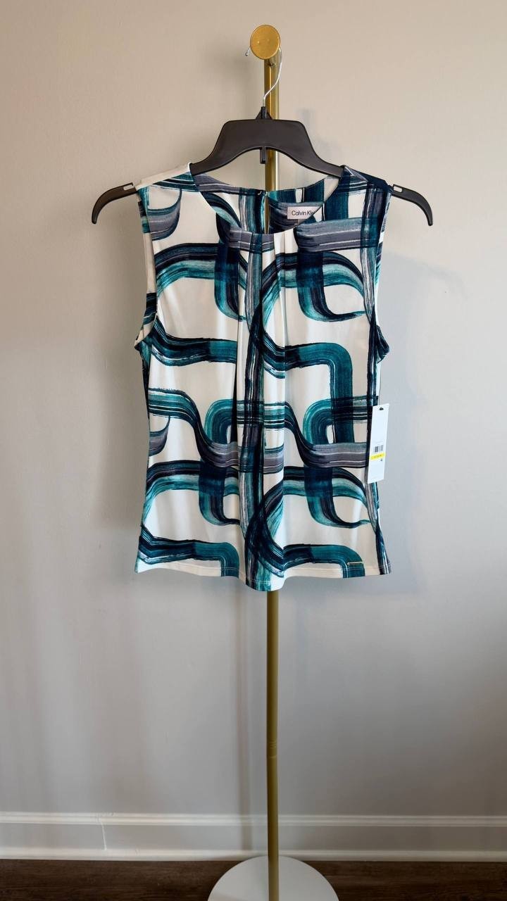 Calvin Klein Printed Sleeveless Pleat‑Neck Cami Top Blue M NWT $49