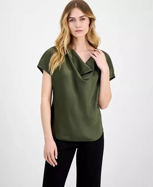 Anne Klein Solid Cowlneck Short-Sleeve Blouse Olive L NWT $69