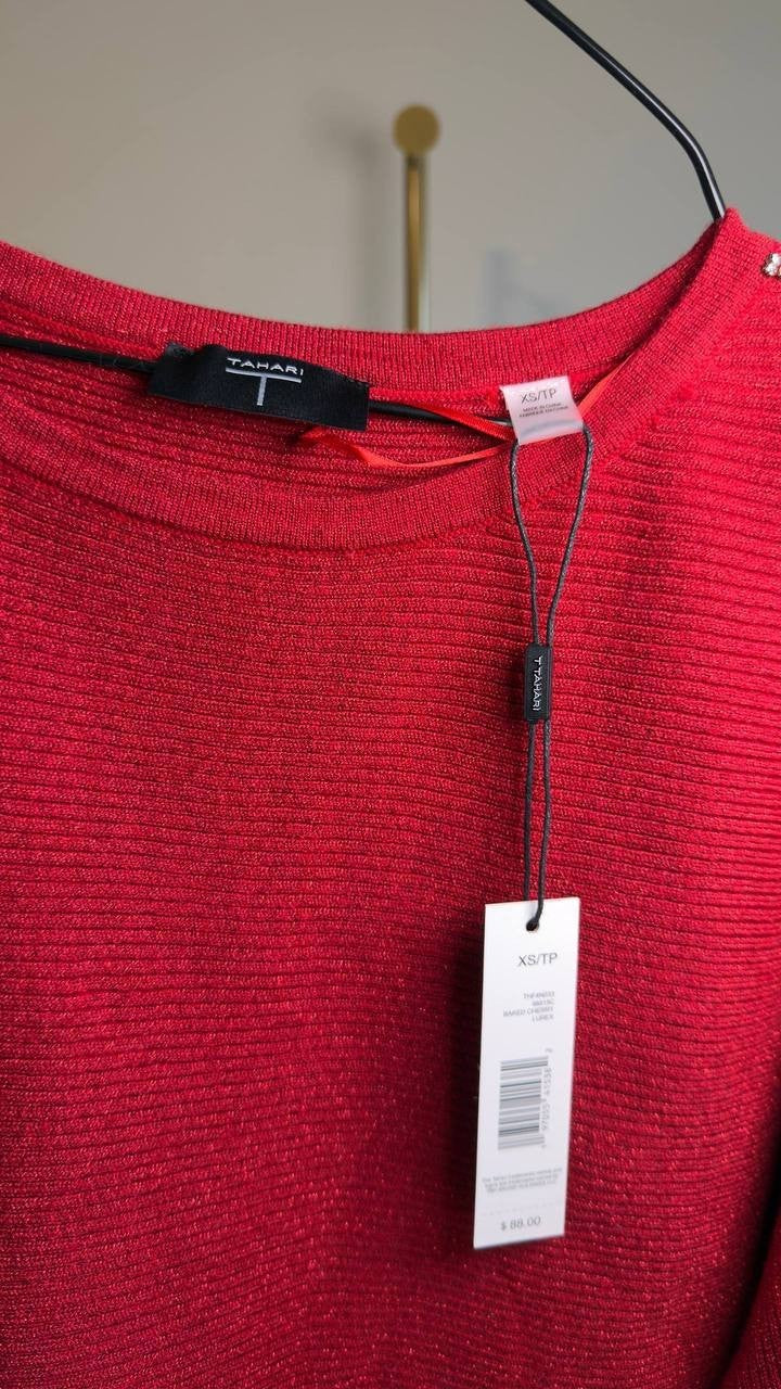 T Tahari Ribbed Embellished Dolman‑Sleeve Sweater Baked Cherry XS NWT $88