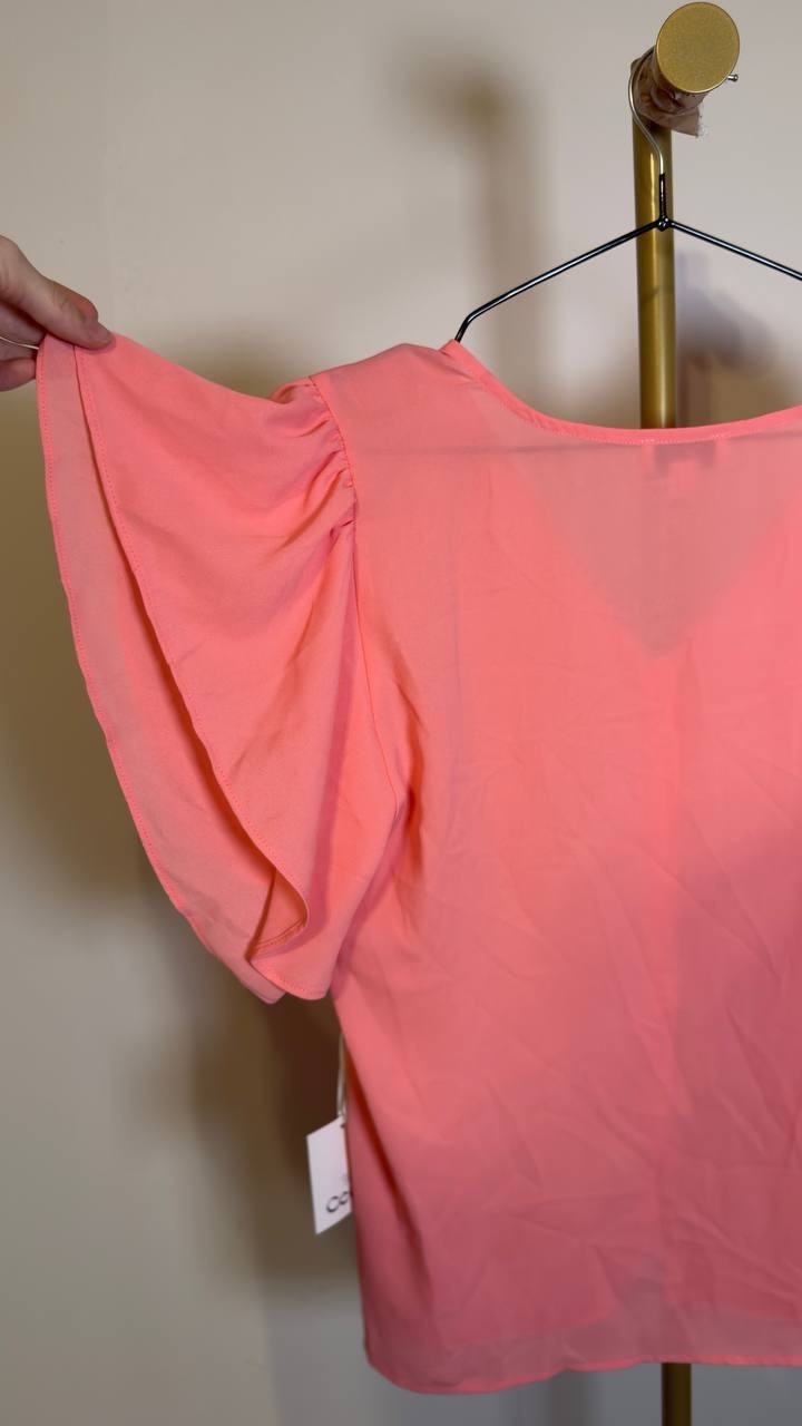 CeCe Women’s Double Flutter Sleeve Shirred Shoulder Top Coral Bloom L NWT $69