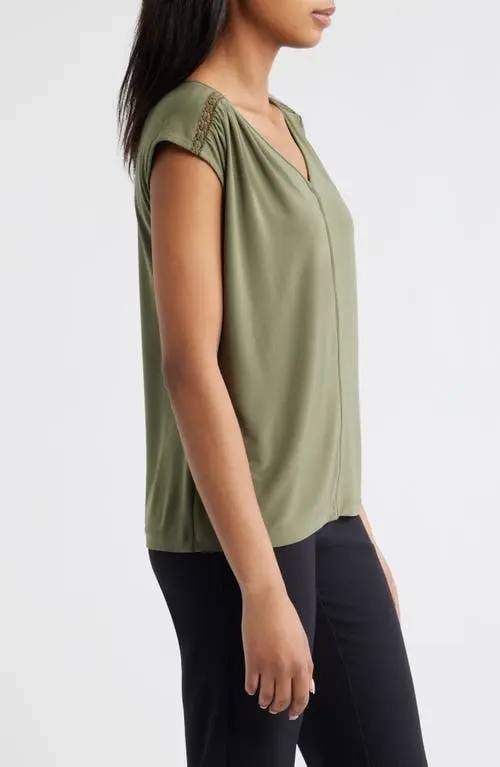Anne Klein Lace Inset V‑Neck Top M Olive NWT $59