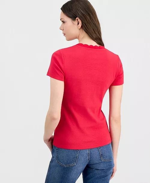 Nautica Women’s Scallop-Trim Cotton Short-Sleeve T-Shirt Red L NWT $39.50