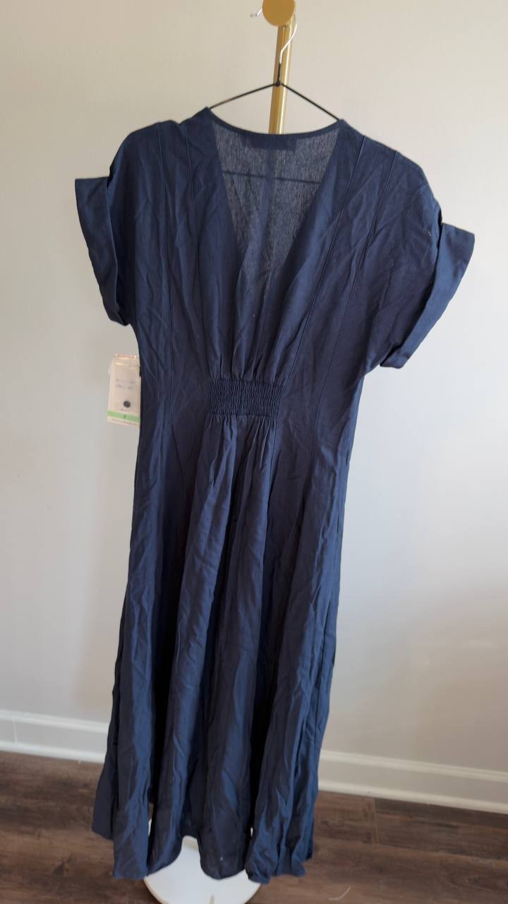 Taylor Button‑Front A‑Line V‑Neck Long Dress Navy 8 NWT $129
