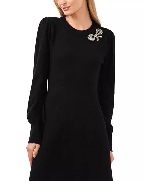 CeCe Bow Applique Sweater Dress Rich Black XL NWT $99