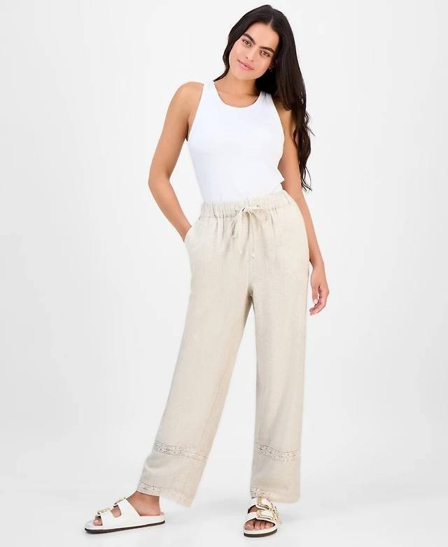 And Now This Petite Linen‑Blend Lace‑Inset Wide‑Leg Pants –Beige–Size PL–NWT–$59