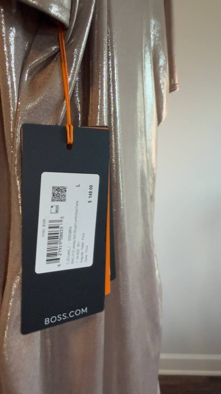 BOSS Orange Lamé Ruched Mini Dress Women’s L Beige NWT $149