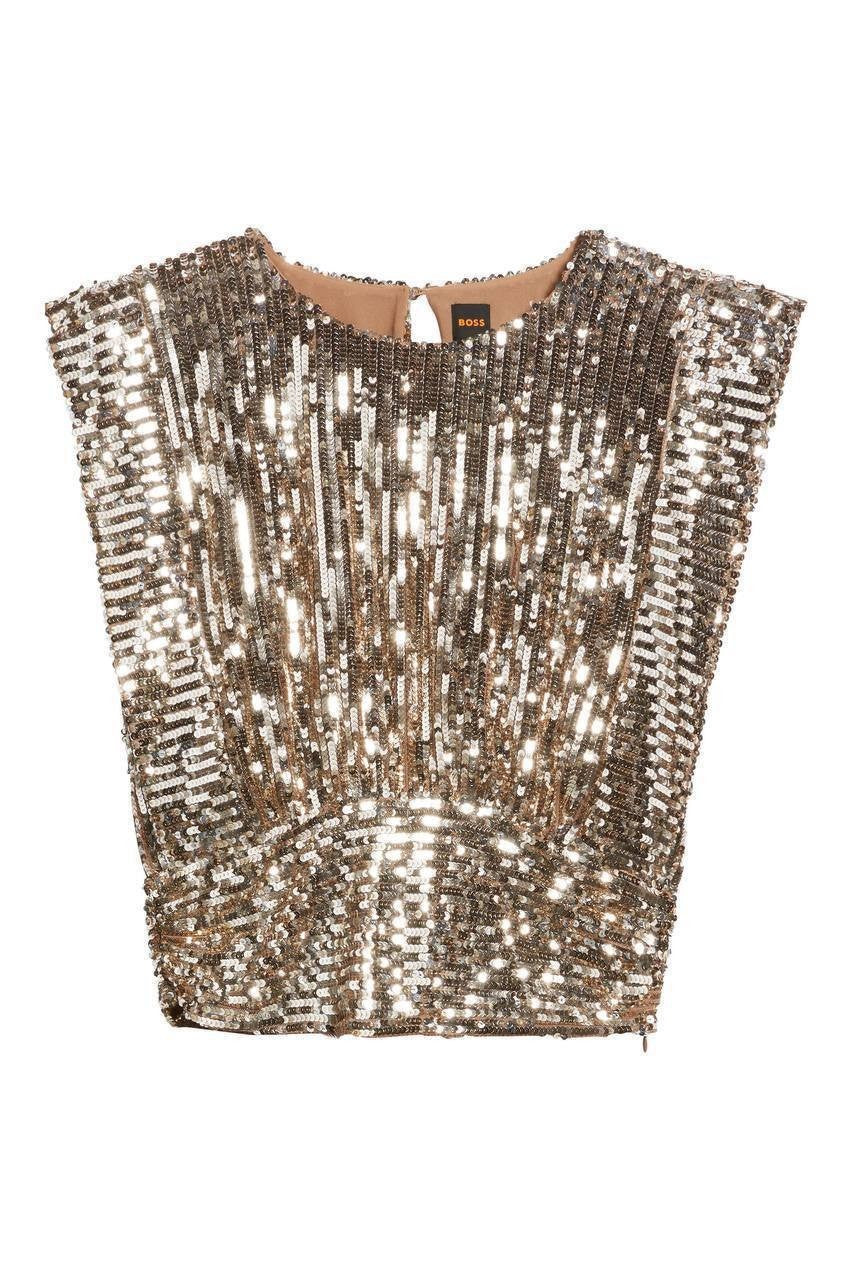 BOSS Illana Sequin Crop Top – Orange – NWT – Sleeveless Jewel Neck