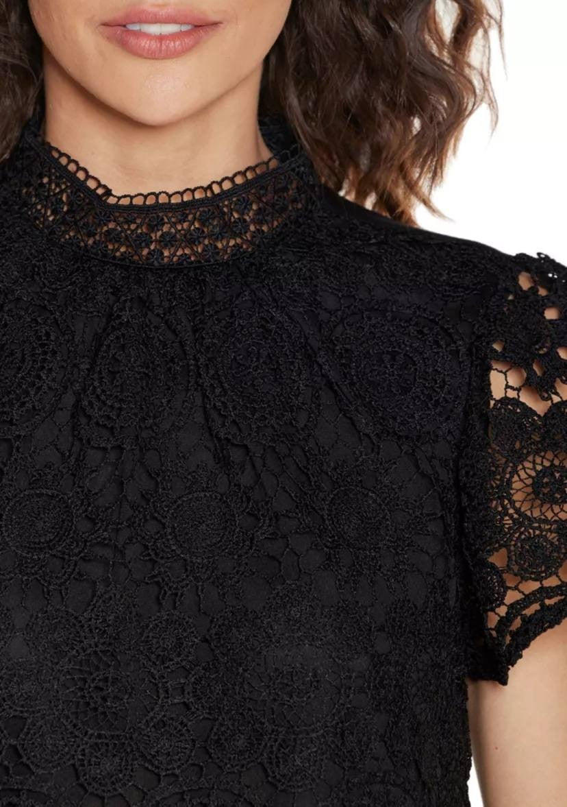 Belldini Women’s Lace‑Front Mock‑Neck Top Black L NWT $59