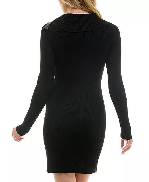 BCX Juniors Faux‑Leather Long‑Sleeve Sweater Dress – Size M – Black – NWT – $49