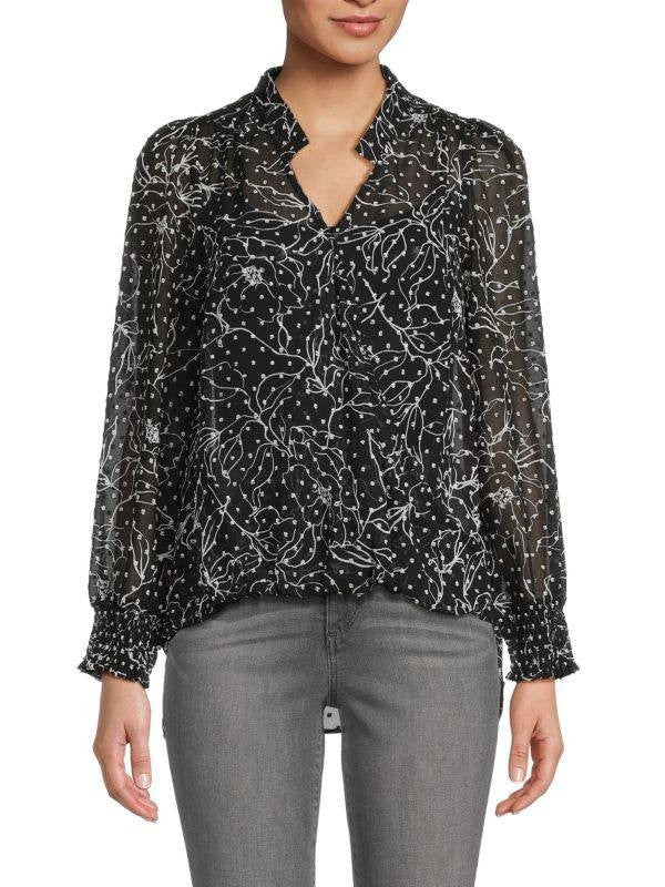 Bobeau High‑Low Floral Swiss Dot Top – Black – Size XL – NWT – $60