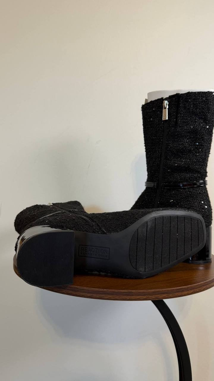 Kenneth Cole Reaction Lacey Booties 8.5M Black Fabric Square Toe NIB msrp$129