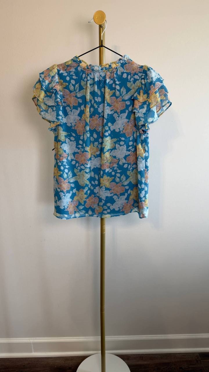 1.STATE Floral Tie‑Neck Short Flutter‑Sleeve Blouse Blue XS NWT $79