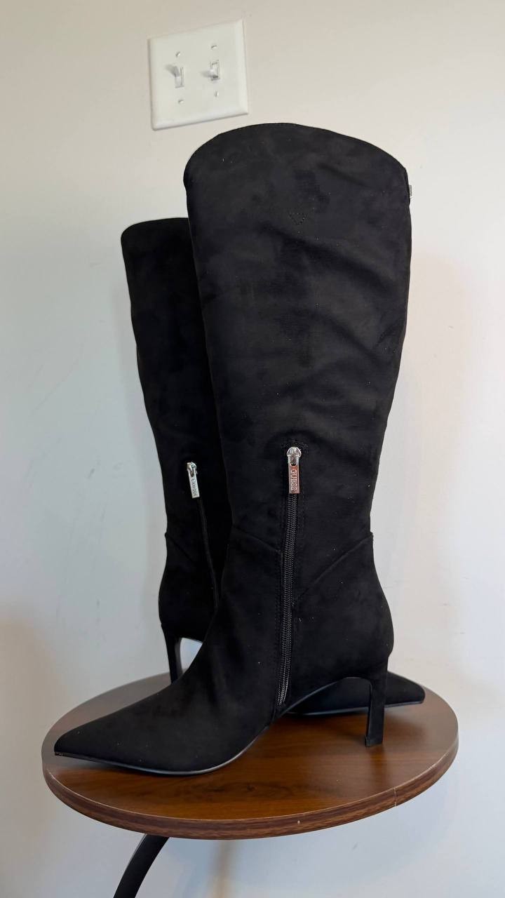 GUESS Palisa Wide Calf Tall Kitten Heel Boots Black 7,5M Suede $179 NWB
